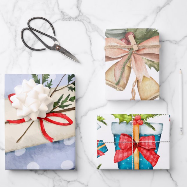 Pretty pattern Xmas blue l ribbon l bell red cute Wrapping Paper Sheets (Front)