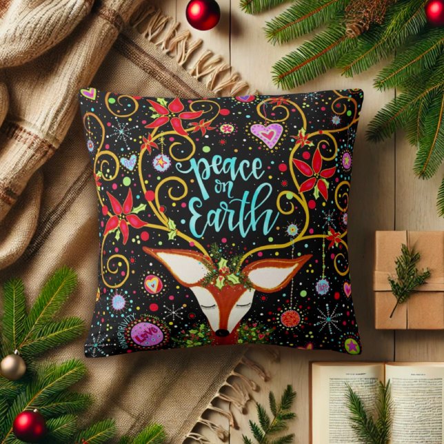 Pretty Peace on Earth Reindeer Christmas Throw Pillow (Creator Uploaded)