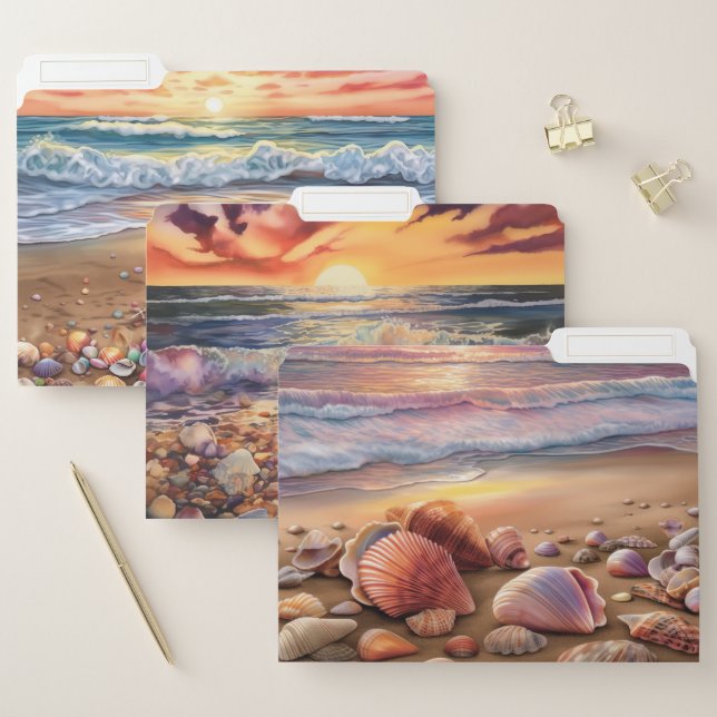 PRETTY PEACEFUL BEACH SEASHELLS OCEAN SCENES FILE FOLDER (Set)