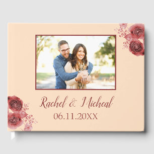 Pretty Peach and Burgundy Beauty Wedding Photo Guest Book