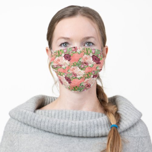 Pretty Peach and Burgundy Floral On Writing Adult Cloth Face Mask