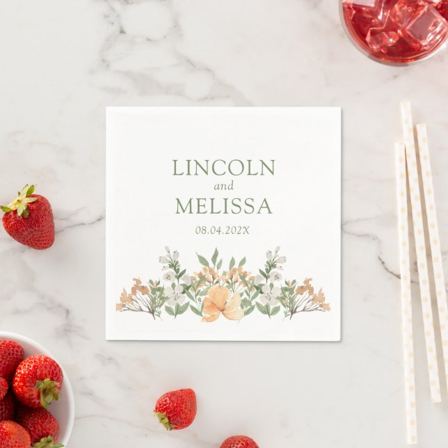 Pretty Peach and White Floral Wedding Napkins (Insitu)