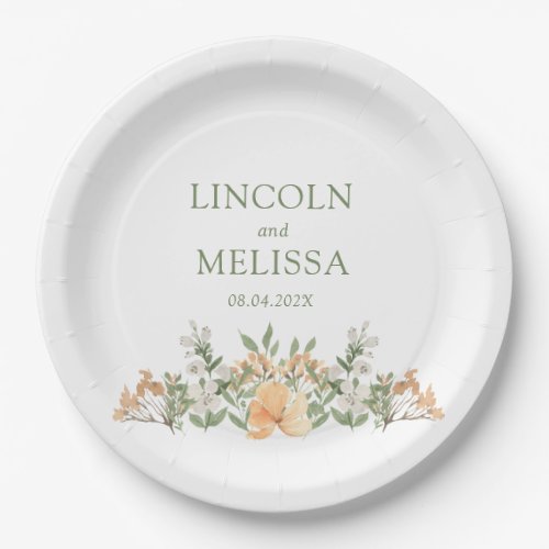 Pretty Peach and White Floral Wedding  Paper Plates