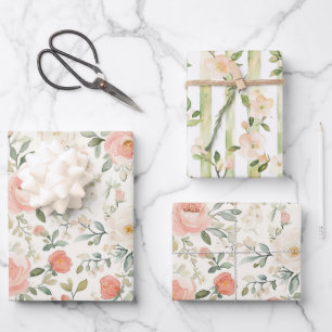 Pretty Peach Blush Pink Floral Bridal Shower Wrapping Paper Sheets
