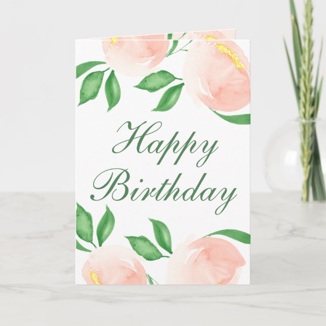Pretty Peach Blush Watercolor Floral Birthday Card (Front)