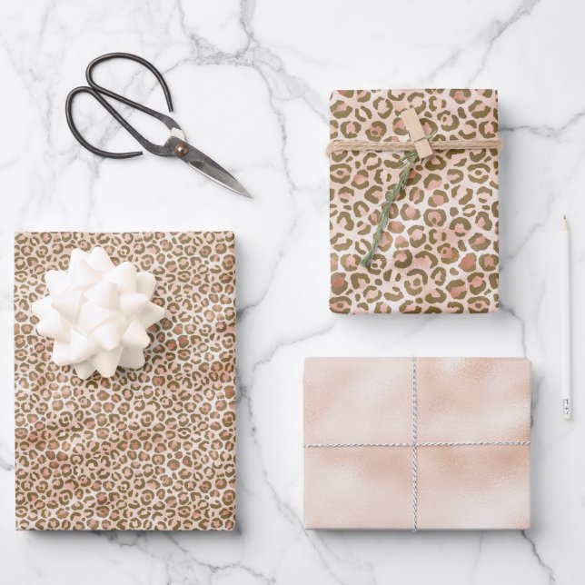 Pretty Peach Brown Leopard Print Wrapping Paper Sheets (Front)