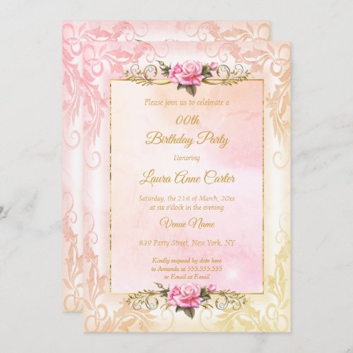 Pretty peach coral pink rose photo Birthday Party Invitation