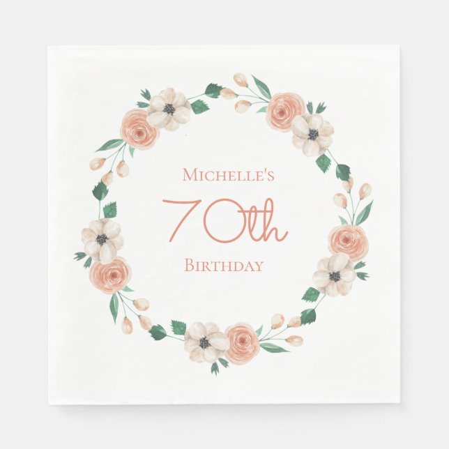 Pretty Peach Cream Floral 70th Birthday   Napkins (Front)