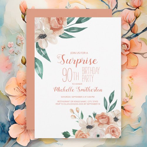 Pretty Peach Cream Floral 90th Birthday Invitation