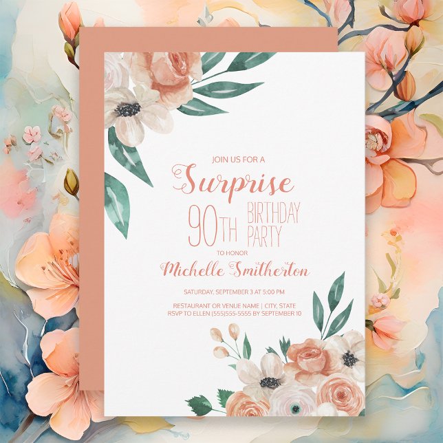 Pretty Peach Cream Floral 90th Birthday Invitation (Elegant peach and cream-colored watercolor floral women's surprise 90th birthday party invitation)