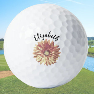 Pretty peach daisy flower custom name ladies golf balls