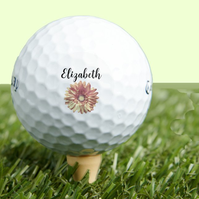 Pretty peach daisy flower with custom name ladies golf balls (Creator Uploaded)