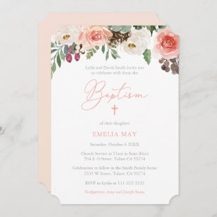 Pretty Peach Fall Botanicals Girl Baptism Party Invitation