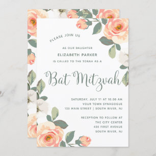 Pretty Peach Floral Bat Mitzvah Invitation