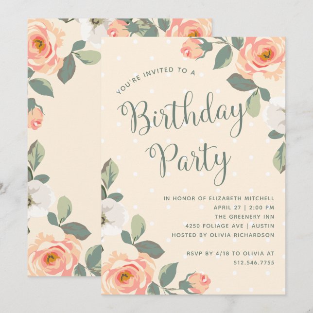 Pretty Peach Floral | Birthday Party Invitation (Front/Back)