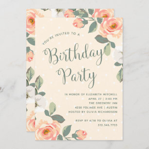Pretty Peach Floral Birthday Party Invitation