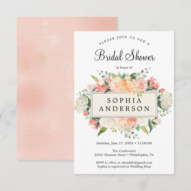 Pretty Peach Floral Bridal Shower Invitation Card (Front/Back)