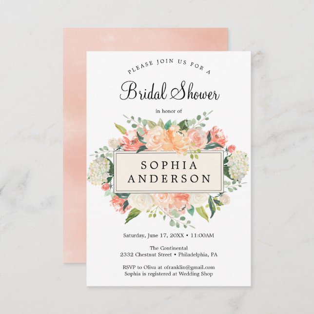Pretty Peach Floral Bridal Shower Invitation Card (Front/Back)