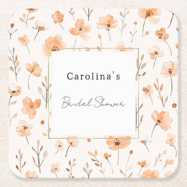 Pretty Peach Floral Bridal Shower Square Paper Coaster (Front)