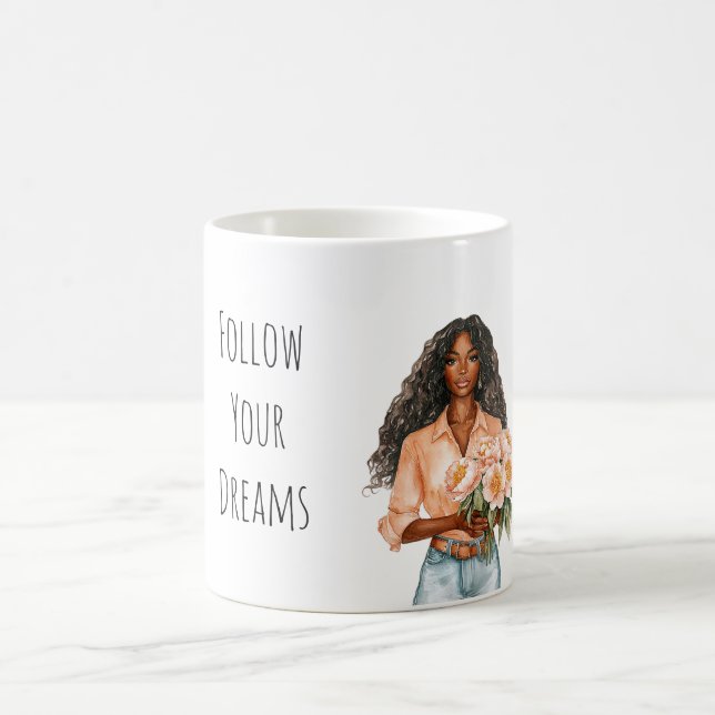 Pretty Peach Floral Dreams Black Lady Coffee Mug (Center)