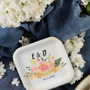 Pretty Peach Floral Elegant Monogram Wedding Party Paper Plates