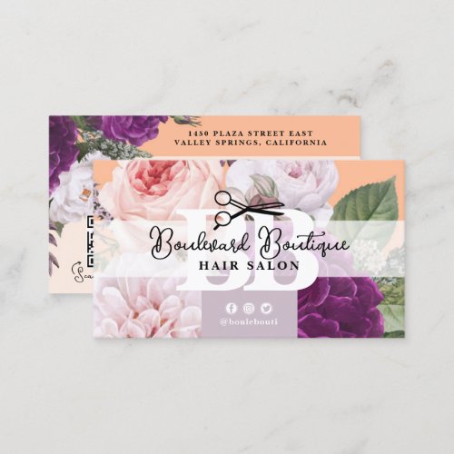 Pretty Peach Floral Hair Salon Stylist QR Code Business Card