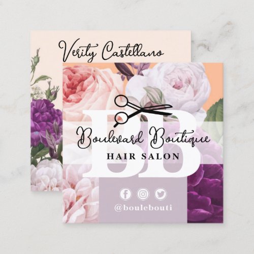 Pretty Peach Floral Hair Salon Stylist QR Code Square Business Card