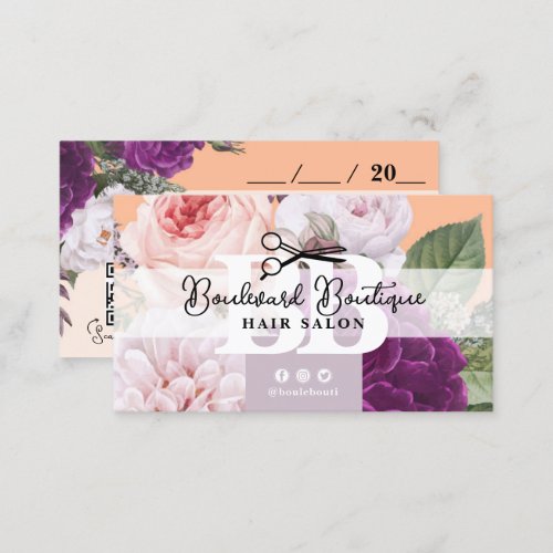 Pretty Peach Floral Hair Stylist Appointment QR Business Card
