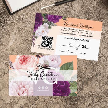 Pretty Peach Floral Hair Stylist Appointment Qr Business Card by CyanSkyDesign at Zazzle