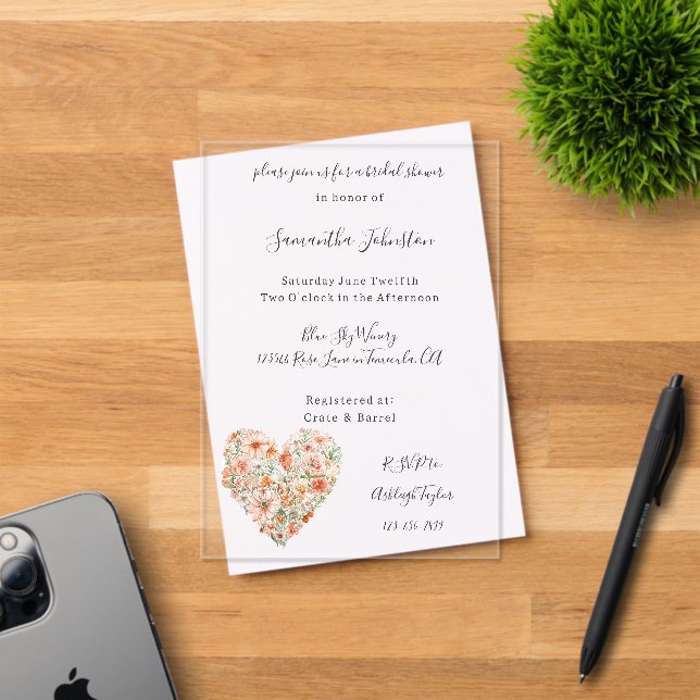 Pretty Peach Floral Heart Bridal Shower Acrylic Invitations (Insitu (Invitation Card))