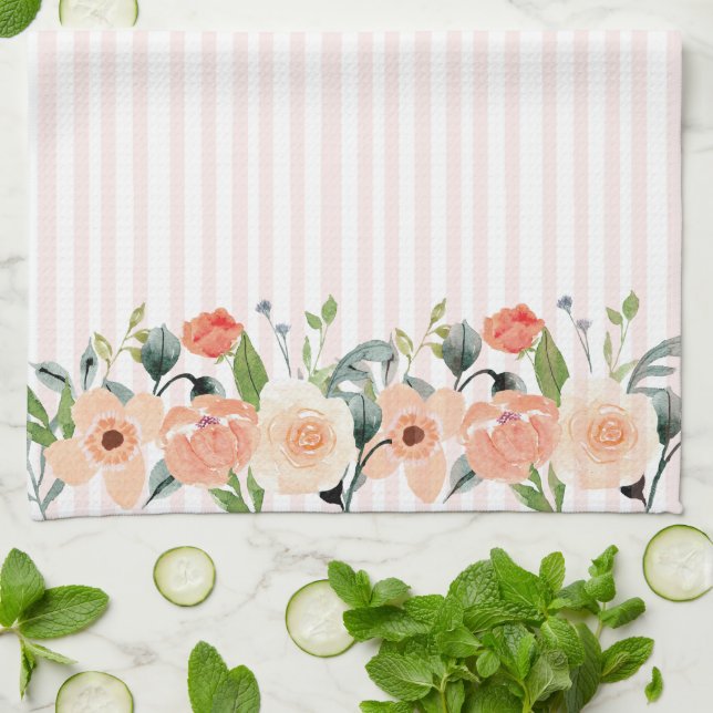 Pretty Peach Floral Kitchen Towel (Folded)