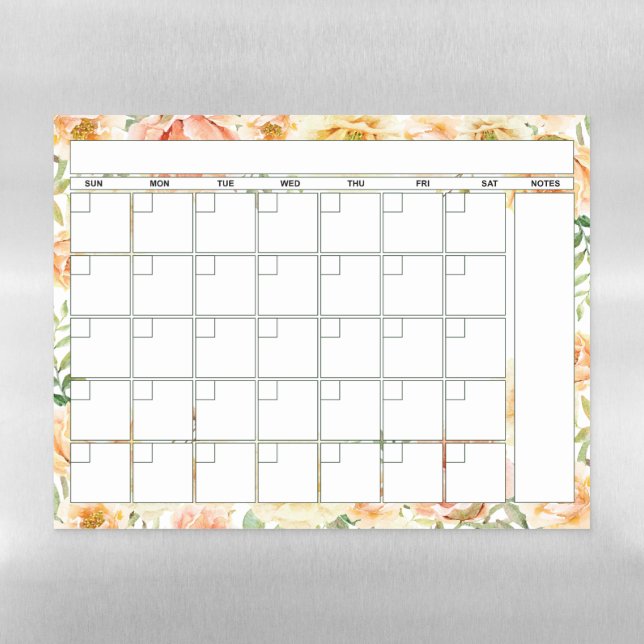 Pretty Peach Floral Monthly Planner Calendar Magnetic Dry Erase Sheet (Horizontal)