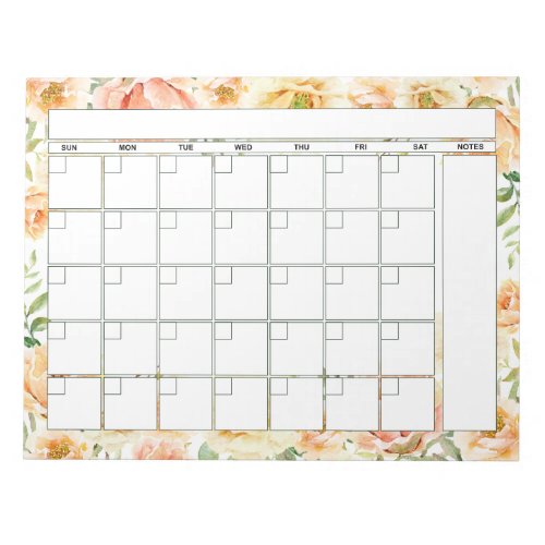 Pretty Peach Floral Monthly Planner Calendar Notepad