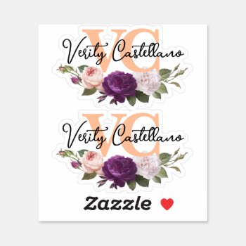 Pretty Peach Floral Roses Personal Name Logo 2-up Sticker by CyanSkyDesign at Zazzle