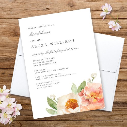 Pretty Peach Floral Watercolor Bridal Shower Invitation