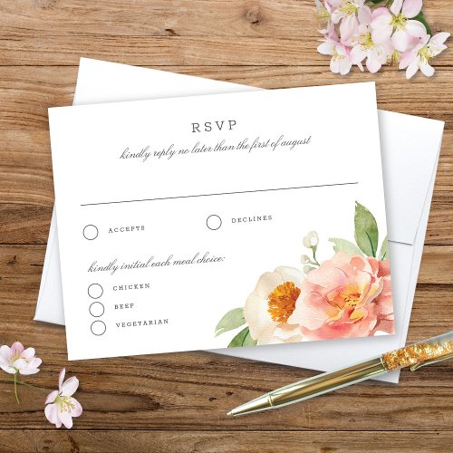 Pretty Peach Floral Watercolor Wedding Reply Card