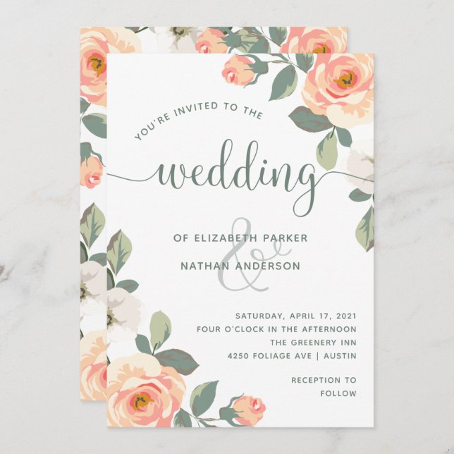 Pretty Peach Floral | Wedding Invitation (Front/Back)