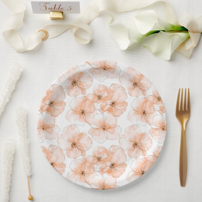 Pretty Peach Flowers Birthday Paper Plates (Wedding)