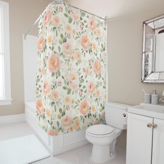 Pretty Peach Flowers Bridal Shower Curtain (In Situ)