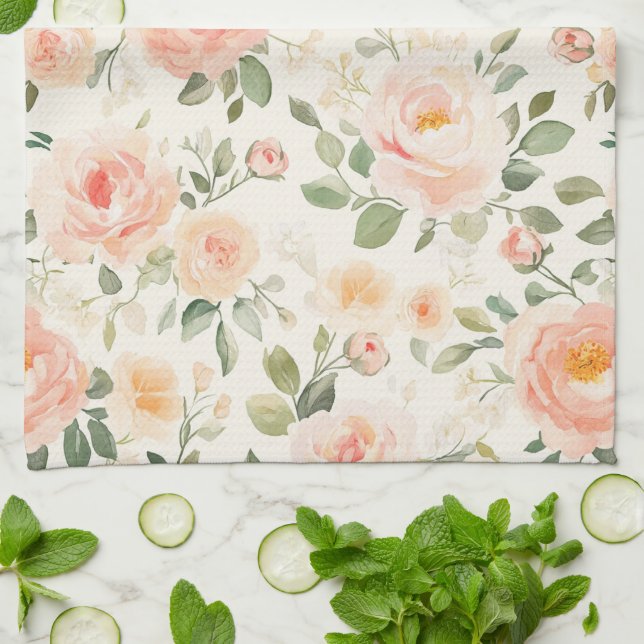 Pretty Peach Flowers Bridal Shower Kitchen Towel (Folded)