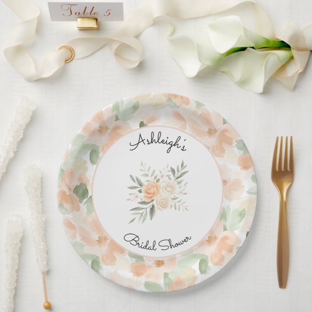 Pretty Peach Flowers Bridal Shower Paper Plates (Wedding)