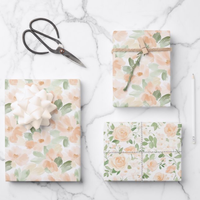 Pretty Peach Flowers Bridal Shower Wrapping Paper Sheets (Front)