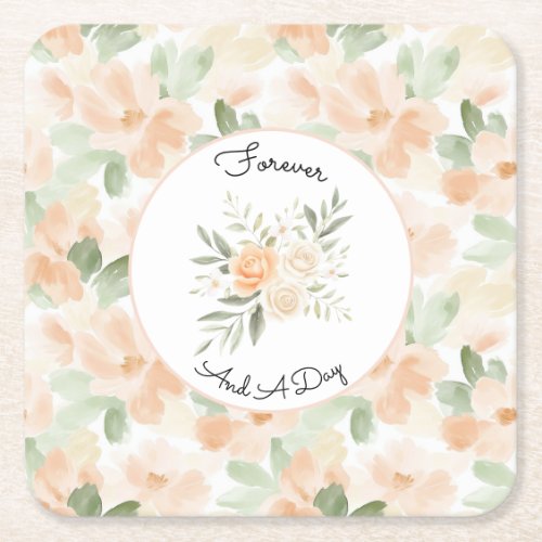 Pretty Peach Flowers Wedding Square Paper Coaster
