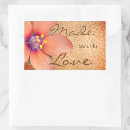 Pretty Peach Glitter Flower Blossom Made with Love Rectangular Sticker