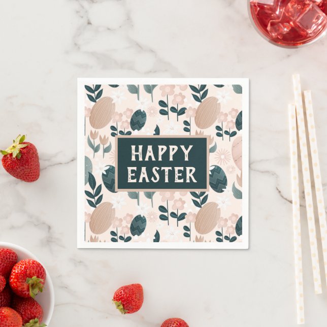 Pretty Peach Green Boho Botanical Easter Egg     Napkins (Insitu)