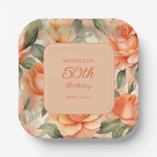 Pretty Peach Orange Floral Roses 50th Birthday Paper Plates