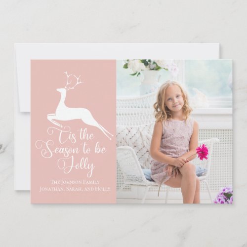 Pretty Peach Pink Christmas Reindeer Kids Photo Holiday Card