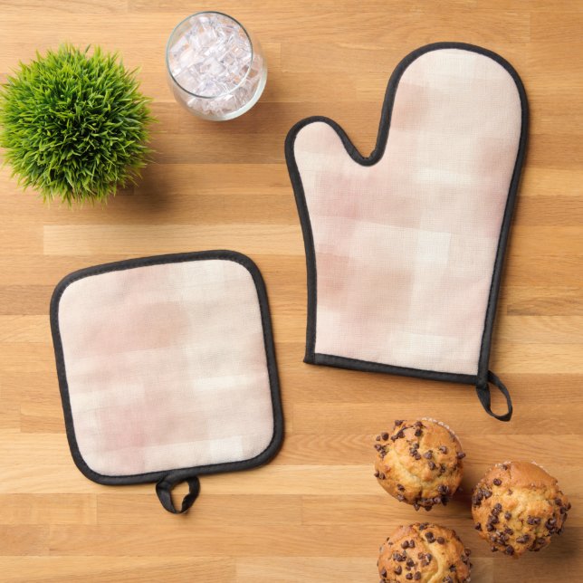 Pretty Peach Pink Cream Plaid Oven Mitt & Pot Holder Set (Top Down)