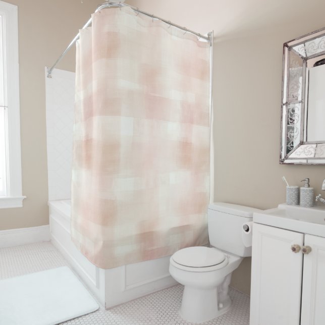 Pretty Peach Pink Cream Plaid Shower Curtain (In Situ)
