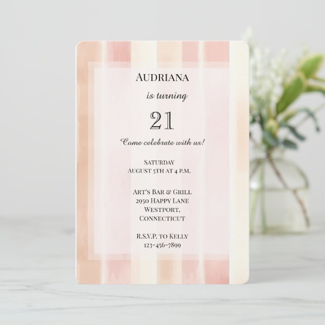 Pretty Peach Pink Cream Stripes Birthday Invitation (Standing Front)